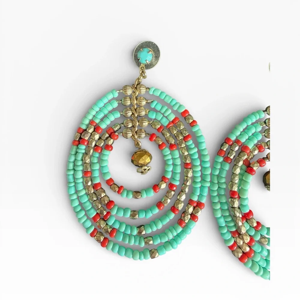 Turquoise and Red Beaded Hoop Earrings
